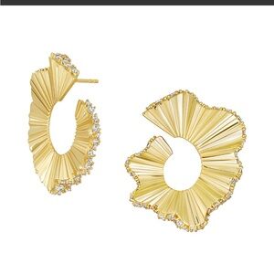 Gold Textured Fan Hoop Earrings with Crystal Accents